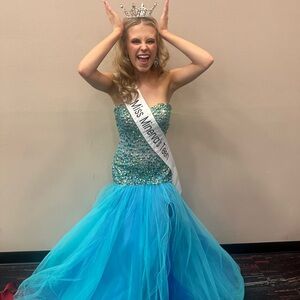 Sherri Hill Turquoise Blue Beaded Mermaid Prom Dress